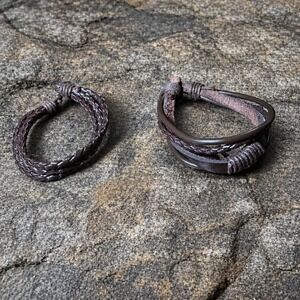 2 Pc Set Brown Leather Braided Hemp Cord Friendship Couples Bracelets New Unisex